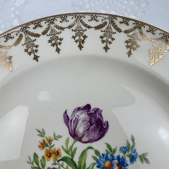 Edwin M. Knowles Semi Vitreous China 5 Salad Plates Floral Center Gold Trim 7.5" - Picture 6 of 9
